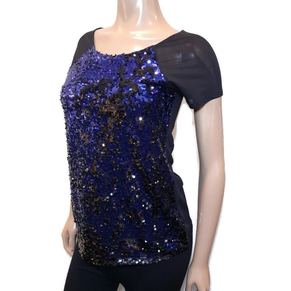 Rickis Flip Sequin Sheer Short Sleeve Top Black Blue Womens Size XS Party